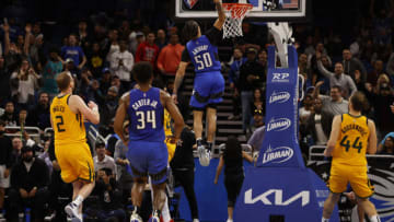Nov 7, 2021; Orlando, Florida, USA; Orlando Magic guard Cole Anthony (50) dunks against the Utah Jazz during the second half at Amway Center. Mandatory Credit: Kim Klement-USA TODAY Sports
