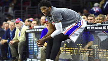 Nov 7, 2016; Philadelphia, PA, USA; Philadelphia 76ers center Joel Embiid (21) waits to enter the game against the Utah Jazz during the second quarter at Wells Fargo Center. Mandatory Credit: Eric Hartline-USA TODAY Sports
