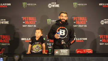 Patricio Pitbull and his son attend the Bellator 263 post-fight press conference (Photo by Amy Kaplan/FanSided)