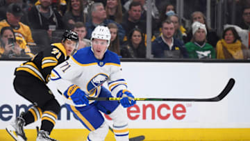 Apr 28, 2022; Boston, Massachusetts, USA; Buffalo Sabres left wing Victor Olofsson (71) follows the play during the third period against the Boston Bruins at TD Garden. Mandatory Credit: Bob DeChiara-USA TODAY Sports