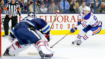 COLUMBUS, OH - JANUARY 3: Connor McDavid #97 of the Edmonton Oilers prepares to shoot the puck on Sergei Bobrovsky #72 of the Columbus Blue Jackets during the game on January 3, 2017 at Nationwide Arena in Columbus, Ohio. (Photo by Kirk Irwin/Getty Images)