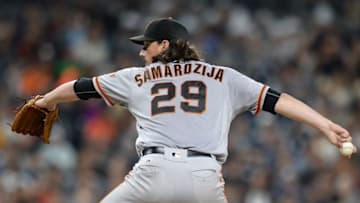 Sep 22, 2016; San Diego, CA, USA; San Francisco Giants starting pitcher Jeff Samardzija (29) pitches during the sixth inning against the San Diego Padres at Petco Park. Mandatory Credit: Jake Roth-USA TODAY Sports