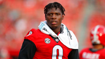 ATHENS, GA - SEPTEMBER 18: Darnell Washington #0 of the Georgia Bulldogs watches on prior to the game between the South Carolina Gamecocks and Georgia Bulldogs at Sanford Stadium on September 18, 2021 in Athens, Georgia. (Photo by Todd Kirkland/Getty Images)