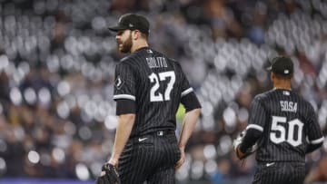 Apr 18, 2023; Chicago, Illinois, USA; Chicago White Sox starting pitcher Lucas Giolito (27) walks back to dugout after pitching against the Philadelphia Phillies during the sixth inning of game two of the doubleheader at Guaranteed Rate Field. Mandatory Credit: Kamil Krzaczynski-USA TODAY Sports