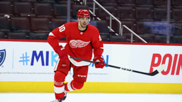 DETROIT, MICHIGAN - MAY 01: Joe Veleno #90 of the Detroit Red Wings skates against the Tampa Bay Lightning at Little Caesars Arena on May 01, 2021 in Detroit, Michigan. (Photo by Gregory Shamus/Getty Images)