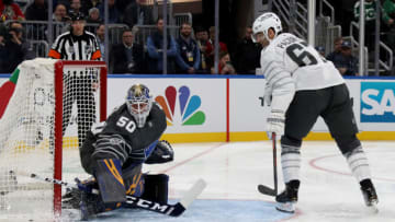 ST LOUIS, MISSOURI - JANUARY 25: Goaltender Jordan Binnington #50 of the St. Louis Blues defends the goal against Max Pacioretty #67 of the Vegas Golden Knights in the game between Pacific Division and Central Division during the 2020 Honda NHL All-Star Game at Enterprise Center on January 25, 2020 in St Louis, Missouri. (Photo by Bruce Bennett/Getty Images)