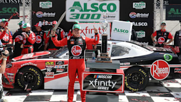BRISTOL, TN - APRIL 06: Christopher Bell, driver of the #20 Rheem Toyota, celebrates in Victory Lane after winning the NASCAR Xfinity Series Alsco 300 at Bristol Motor Speedway on April 6, 2019 in Bristol, Tennessee. (Photo by Donald Page/Getty Images)