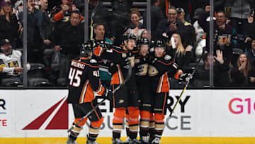 ANAHEIM, CA - JANUARY 04: Anaheim Ducks center Carter Rowney (24) with teammate3s after Rowney scored a goal during the second period of a game against the Vegas Golden Nights played on January 4, 2019 at the Honda Center in Anaheim, CA. (Photo by John Cordes/Icon Sportswire via Getty Images)