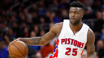 Apr 8, 2016; Auburn Hills, MI, USA; Detroit Pistons forward Reggie Bullock (25) dribbles the ball during the third quarter against the Washington Wizards at The Palace of Auburn Hills. Pistons win 112-99. Mandatory Credit: Raj Mehta-USA TODAY Sports