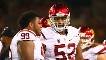 Sep 26, 2015; Tempe, AZ, USA; Southern California Trojans defensive tackle Antwaun Woods (99) and defensive tackle Delvon Simmons (52) against the Arizona State Sun Devils at Sun Devil Stadium. Mandatory Credit: Mark J. Rebilas-USA TODAY Sports