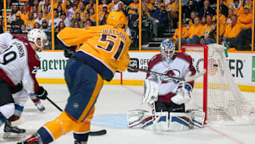 NASHVILLE, TN - APRIL 14: Austin Watson #51 of the Nashville Predators takes a shot wide of goalie Jonathan Bernier #45 of the Colorado Avalanche during the second period in Game Two of the Western Conference First Round during the 2018 NHL Stanley Cup Playoffs at Bridgestone Arena on April 14, 2018 in Nashville, Tennessee. (Photo by Frederick Breedon/Getty Images)