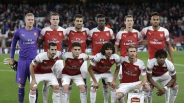 LONDON, ENGLAND - SEPTEMBER 20: The Arsenal team line up prior to the UEFA Europa League Group E match between Arsenal and Vorskla Poltava at Emirates Stadium on September 20, 2018 in London, United Kingdom. (Photo by Henry Browne/Getty Images)