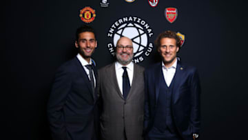NEW YORK, NY - MARCH 27: (L-R) Alvaro Arbeloa of Real Madrid, Executive Chairman of Relevent Sports Group Charlie Stillitano and Diego Forlan of Atletico Madrid attend the International Champions Cup Launch Event at 107 Grand on March 27, 2019 in New York City. (Photo by Mike Stobe/International Champions Cup/Getty Images)