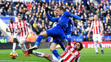 LEICESTER, ENGLAND - FEBRUARY 24: Joe Allen of Stoke City tackles Jamie Vardy of Leicester City during the Premier League match between Leicester City and Stoke City at The King Power Stadium on February 24, 2018 in Leicester, England. (Photo by Michael Regan/Getty Images)