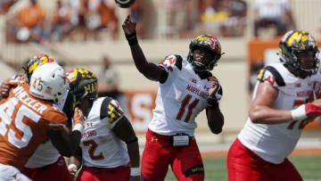 AUSTIN, TX - SEPTEMBER 02: Kasim Hill #11 of the Maryland Terrapins throws a pass in the fourth quarter against the Texas Longhorns at Darrell K Royal-Texas Memorial Stadium on September 2, 2017 in Austin, Texas. (Photo by Tim Warner/Getty Images)