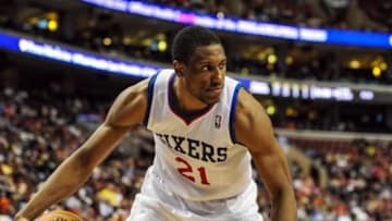Apr 14, 2014; Philadelphia, PA, USA; Philadelphia 76ers forward Thaddeus Young (21) looks to pass in the fourth quarter of the game against the Boston Celtics at Wells Fargo Center. The Philadelphia 76ers won 113-108. Mandatory Credit: John Geliebter-USA TODAY Sports