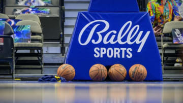 A view of the BallyÕs Sports logo and basketball bastion and Wilson game balls before the game between the Dallas Mavericks and the Denver Nuggets at the American Airlines Center. Mandatory Credit: Jerome Miron-USA TODAY Sports