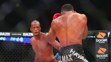 May 11, 2019; Rosemont, IL, USA; Douglas Lima (red gloves) and Michael Page (blue gloves) during Bellator 221 at Allstate Arena. Mandatory Credit: Jerry Lai-USA TODAY Sports