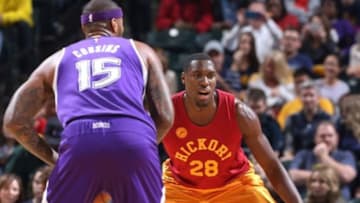 Dec 23, 2015; Indianapolis, IN, USA; Indiana Pacers center Ian Mahinmi (28) guards Sacramento Kings center DeMarcus Cousins (7) at Bankers Life Fieldhouse. Sacramento defeats Indiana 108-106. Mandatory Credit: Brian Spurlock-USA TODAY Sports