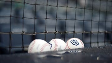 Aug 2, 2014; San Diego, CA, USA; A detailed view of baseballs with the San Diego Padres logo before the game against the Atlanta Braves at Petco Park. Mandatory Credit: Jake Roth-USA TODAY Sports