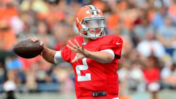 Aug 2, 2014; Akron, OH, USA; Cleveland Browns quarterback Johnny Manziel (2) looks to pass during training camp at InfoCision Stadium Summa Field. Mandatory Credit: Andrew Weber-USA TODAY Sports