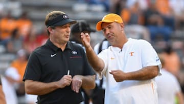 Georgia Bulldogs head coach Kirby Smart and Tennessee Volunteers head coach Jeremy Pruitt Mandatory Credit: Randy Sartin-USA TODAY Sports