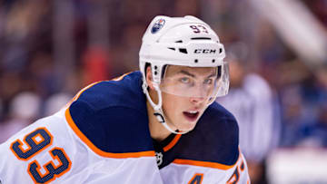 VANCOUVER, BC - SEPTEMBER 30: Edmonton Oilers center Ryan Nugent-Hopkins (93) waits for a face-off during their NHL preseason game against the Vancouver Canucks at Rogers Arena on September 30, 2017 in Vancouver, British Columbia, Canada. (Photo by Derek Cain/Icon Sportswire via Getty Images)