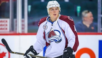 Mar 18, 2016; Calgary, Alberta, CAN; Colorado Avalanche defenseman Tyson Barrie (4) controls the puck during the warmup period against the Calgary Flames at Scotiabank Saddledome. Mandatory Credit: Sergei Belski-USA TODAY Sports