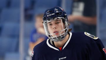 BUFFALO, NY - SEPTEMBER 21: Curtis Hall #15 of Team Leetch during the CCM/USA Hockey All-American Prospects Game against Team Chelios at the KeyBank Center on September 21, 2017 in Buffalo, New York. (Photo by Kevin Hoffman/Getty Images)