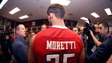 MINNEAPOLIS, MINNESOTA - APRIL 04: Davide Moretti #25 of the Texas Tech Red Raiders speaks to the media in the locker room prior to the 2019 NCAA Tournament Final Four at U.S. Bank Stadium on April 4, 2019 in Minneapolis, Minnesota. (Photo by Mike Lawrie/Getty Images)