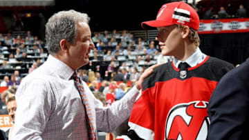 CHICAGO, IL - JUNE 24: Jesper Boqvist meets with New Jersey Devils executives after being selected 36th overall during the 2017 NHL Draft at the United Center on June 24, 2017 in Chicago, Illinois. (Photo by Bruce Bennett/Getty Images)