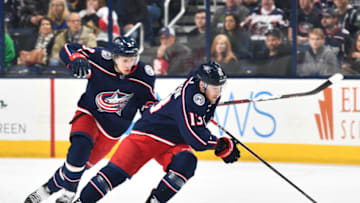 COLUMBUS, OH - MARCH 17: Artemi Panarin #9 of the Columbus Blue Jackets and Cam Atkinson #13 of the Columbus Blue Jackets head up ice with the puck against the Ottawa Senators on March 17, 2018 at Nationwide Arena in Columbus, Ohio. (Photo by Jamie Sabau/NHLI via Getty Images) *** Local Caption *** Artemi Panarin;Cam Atkinson