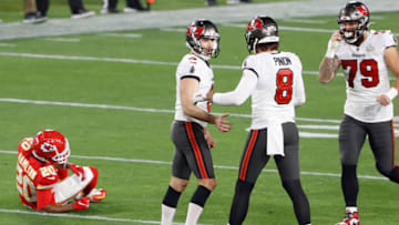 Feb 7, 2020; Tampa, FL, USA; Tampa Bay Buccaneers kicker Ryan Succop (3) celebrates with punter Bradley Pinion (8) after kicking a 52 yard field goal against the Kansas City Chiefs during the third quarter of Super Bowl LV at Raymond James Stadium. Mandatory Credit: Kim Klement-USA TODAY Sports