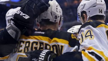 Feb 16, 2016; Columbus, OH, USA; Boston Bruins center Patrice Bergeron (37) celebrates with teammates after scoring a goal on a shot against the Columbus Blue Jackets in the first period at Nationwide Arena. Mandatory Credit: Aaron Doster-USA TODAY Sports