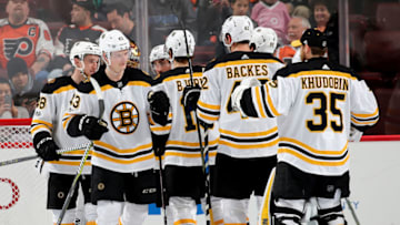 PHILADELPHIA, PENNSYLVANIA - DECEMBER 02: The Boston Bruins celebrate the win over the Philadelphia Flyers on December 02, 2017 at Wells Fargo Center in Philadelphia, Pennsylvania.The Boston Bruins defeated the Philadelphia Flyers 3-0. (Photo by Elsa/Getty Images)