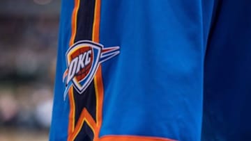 A view of Oklahoma City Thunder logo on the shorts of guard Russell Westbrook (0) during the game against the Dallas Mavericks at the American Airlines Center. The Mavericks defeated the Thunder 112-107. Mandatory Credit: Jerome Miron-USA TODAY Sports