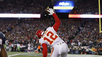 Jan 16, 2016; Foxborough, MA, USA; Kansas City Chiefs wide receiver Albert Wilson (12) celebrates after scoring a touchdown against the New England Patriots during the second half in the AFC Divisional round playoff game at Gillette Stadium. Mandatory Credit: David Butler II-USA TODAY Sports