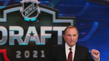 SECAUCUS, NEW JERSEY - JULY 23: NHL commissioner Gary Bettman opens the first round of the 2021 NHL Entry Draft at the NHL Network studios on July 23, 2021 in Secaucus, New Jersey. (Photo by Bruce Bennett/Getty Images)