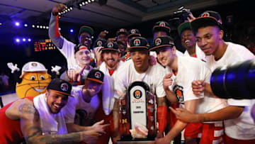 Nov 27, 2015; Paradise Island, BAHAMAS; Syracuse Orange players celebrate winning the championship against the Texas A&M Aggies in the 2015 Battle 4 Atlantis championship game in the Imperial Arena at the Atlantis Resort. Mandatory Credit: Kevin Jairaj-USA TODAY Sports