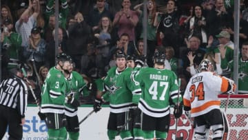 DALLAS, TX - MARCH 27: John Klingberg #3, Tyler Seguin #91, Brett Ritchie #25 and Alexander Radulov #47 of the Dallas Stars celebrate a goal against the Philadelphia Flyers at the American Airlines Center on March 27, 2018 in Dallas, Texas. (Photo by Glenn James/NHLI via Getty Images)