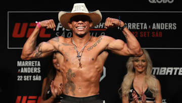 SAO PAULO, BRAZIL - SEPTEMBER 21: Alex Oliveira of Brazil poses on the scale during the UFC Fight Night weigh-in at Ibirapuera Gymnasium on September 21, 2018 in Sao Paulo, Brazil. (Photo by Buda Mendes/Zuffa LLC/Zuffa LLC via Getty Images)