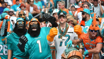Sep 25, 2016; Miami Gardens, FL, USA; Miami Dolphins cheer in the stands in the game between the Miami Dolphins and the Cleveland Browns during the second half at Hard Rock Stadium.The Miami Dolphins defeat the Cleveland Browns 34-20 in overtime. Mandatory Credit: Jasen Vinlove-USA TODAY Sports