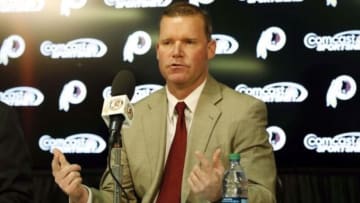 Jan 9, 2015; Ashburn, VA, USA; Washington Redskins new general manager Scot McCloughan (right) speaks during his introductory press conference at Redskins Park. Mandatory Credit: Geoff Burke-USA TODAY Sports