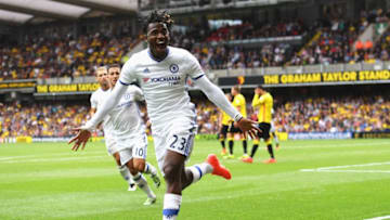 WATFORD, ENGLAND - AUGUST 20: Michy Batshuayi of Chelsea celebrates scoring his sides first goal during the Premier League match between Watford and Chelsea at Vicarage Road on August 20, 2016 in Watford, England. (Photo by Darren Walsh/Chelsea FC via Getty Images)