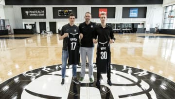 BROOKLYN, NY - JUNE 22: General Manager Sean Marks of the Brooklyn Nets poses for a photo at the Post NBA Draft press conference with Dzanan Musa and Rodions Kurucs on June 22, 2018 at the HSS Training Center in Brooklyn, New York. NOTE TO USER: User expressly acknowledges and agrees that, by downloading and/or using this photograph, user is consenting to the terms and conditions of the Getty Images License Agreement. Mandatory Copyright Notice: Copyright 2018 NBAE (Photo by Michelle Farsi/NBAE via Getty Images)