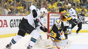 Jun 1, 2016; Pittsburgh, PA, USA; Pittsburgh Penguins goalie Matt Murray (30) makes a save against San Jose Sharks center Tomas Hertl (48) in the first period of game two of the 2016 Stanley Cup Final at Consol Energy Center. Mandatory Credit: Charles LeClaire-USA TODAY Sports