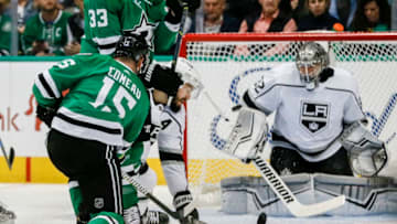 DALLAS, TX - OCTOBER 23: Dallas Stars left wing Blake Comeau (15) shoots the puck and scores a goal towards Los Angeles Kings goaltender Jonathan Quick (32) during the game between the Dallas Stars and the Los Angeles Kings on October 23, 2018 at the American Airlines Center in Dallas, Texas. Dallas defeats LA 4-2. (Photo by Matthew Pearce/Icon Sportswire via Getty Images)