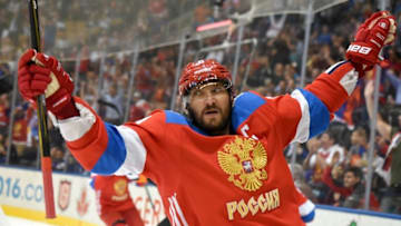 Sep 22, 2016; Toronto, Ontario, Canada; Team Russia forward Alex Ovechkin (8) celebrates after setting up a goal by team mate Vladimir Tarasenko (not pictured) against Team Finland during preliminary round play in the 2016 World Cup of Hockey at Air Canada Centre. Mandatory Credit: Dan Hamilton-USA TODAY Sports