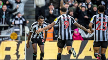 NEWCASTLE UPON TYNE, ENGLAND - JANUARY 15: Alexander Isak of Newcastle United celebrates after scoring a goal (1-0) with Callum Wilson during the Premier League match between Newcastle United and Fulham FC at St. James Park on January 15, 2023 in Newcastle upon Tyne, United Kingdom. (Photo by Richard Callis/MB Media/Getty Images)