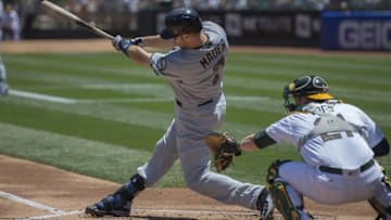 May 30, 2016; Oakland, CA, USA; Minnesota Twins first baseman Joe Mauer (7) drives the ball to right field during the first inning against the Oakland Athletics at Oakland Coliseum. Mandatory Credit: Kenny Karst-USA TODAY Sports